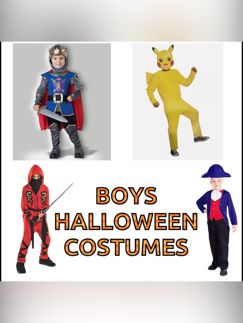 4 Boys Halloween Costumes - Knight, Ninja, Pikachu, Pirate